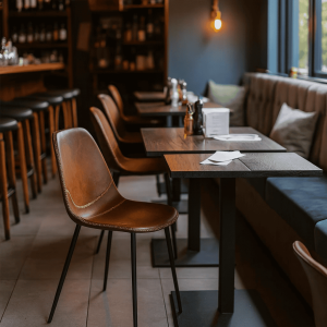 Super-Seat | L'intérieur d'un restaurant moderne | Les comptoirs Charlie vintage à l'eau de Cognac, les tables à l'ancienne, les écorces et la banque à l'eau claire, la lumière chaude. | Horecameubilair