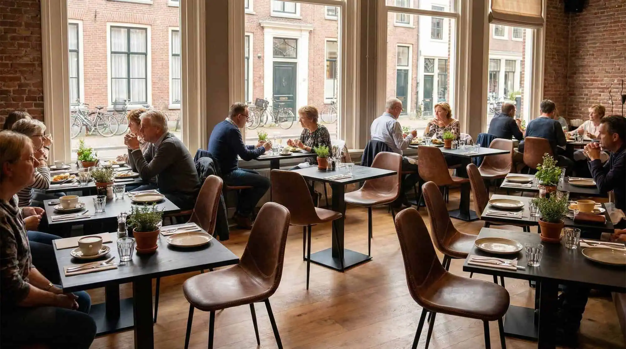 Super-Seat | Sièges baquets en cuir cognac, tables en bois, tabourets de bar dans un restaurant confortable avec de grandes fenêtres. | Mobilier de restauration