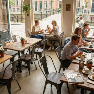Super-Seat | Lix stoelen metaal vintage hout | Lichte, houten tafels and metalen stoelen, barkrukken en planten in gezellig café met ramen. | Horecameubilair