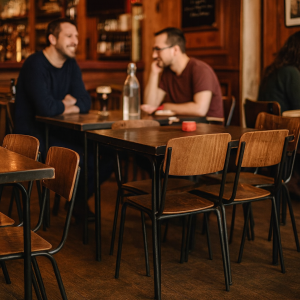Super-Seat | Chaises d'école vintage Vanitas marron | Houten tafel, glazen fles en glas, rode details ; bruine metalen stoelen op achtergrond. | Horecameubilair