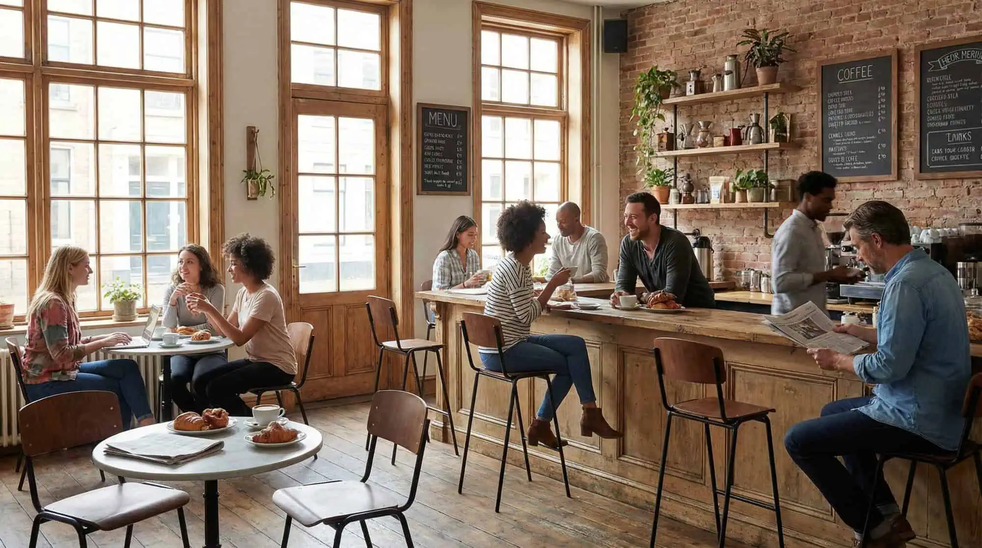 Super-Seat | Bruine leren barkrukken, houten tafels en stoelen in knus café met bakstenen muren. | Horecameubilair