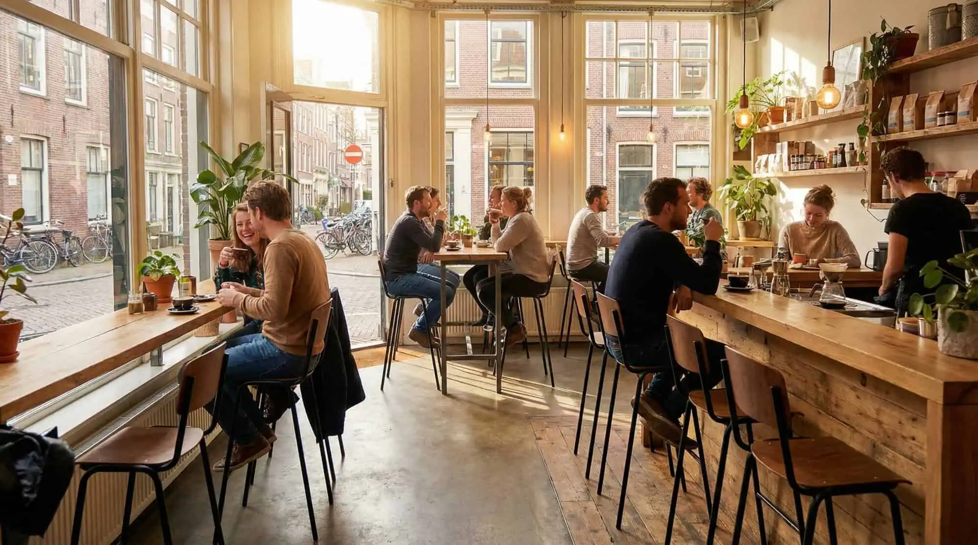 Super-Seat | Mensen zitten aan bruine houten tafels en Vanitas barkrukken in een licht, gezellig café met veel ramen en planten. |. | Horecameubilair