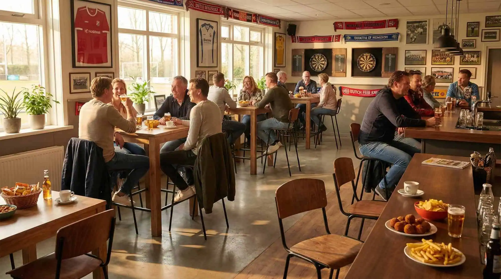 Super-Seat | Sportbar Interieur Vintage Vanitas barkrukken, houten tafels, metalen stoelen; licht via grote ramen. | Horecameubilair