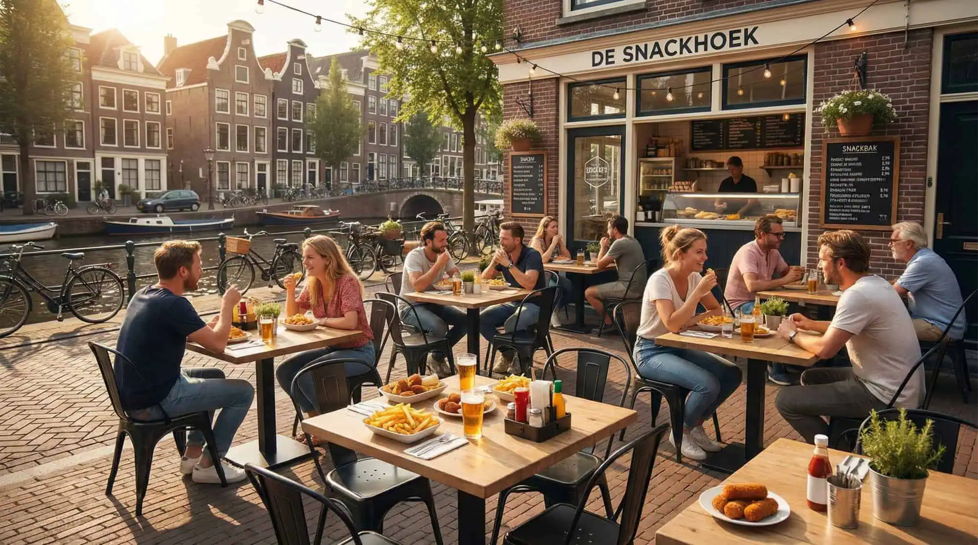 Super-Seat | Vintage metalen Lix terrasstoelen en tafels in grijs, bij kanaal met fietsen en oude gebouwen. | Horecameubilair