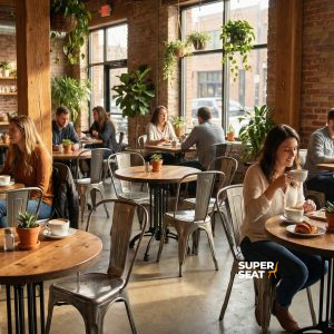 Super-Seat | Lix (terras) stapelstoelen vintage metaal bij houten tafels ; lichte café, bakstenen muren, veel planten, stoer decor. | Horecameubilair