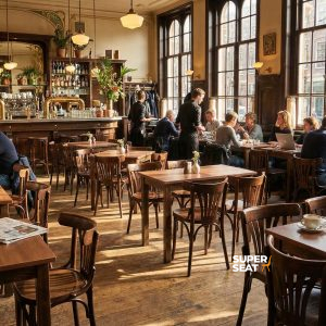 Super-Seat | Tableaux en bois, décorations en métal nain, hommes et femmes qui s'installent, s'amusent et se plantent dans le paysage. | Horecameubilair