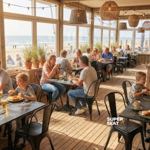 Super-Seat | Pieds de table en fonte pour 3 ados (patio) Paris noir Table en fonte noire, chaises légères, vue sur la plage et la mer. | Mobilier de restauration