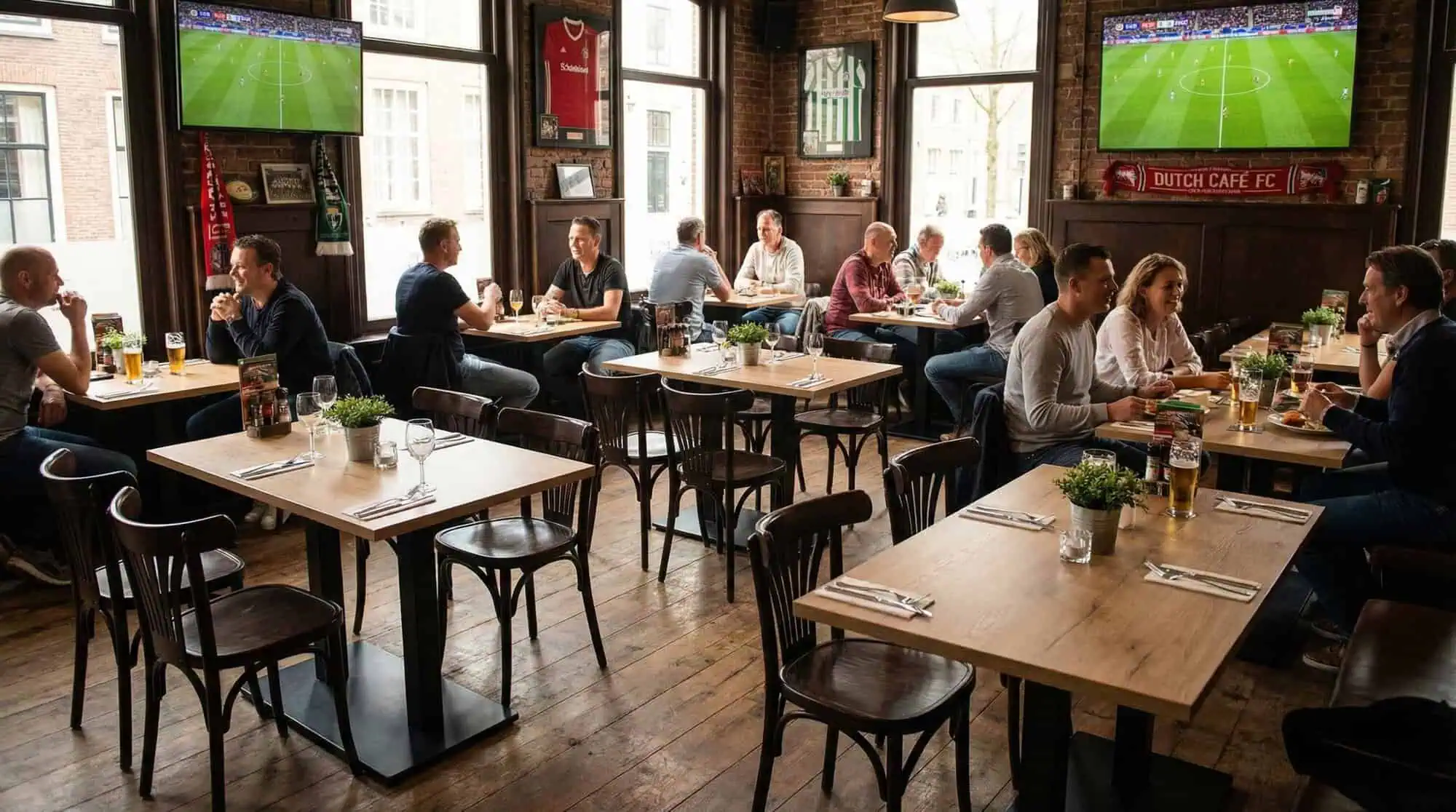 Super-Seat | Tables en bois, bases noires, chaises en bois, tabourets de bar dans un espace lumineux. | Mobilier de restauration