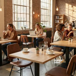 Super-Seat | Piétements de table en métal noir, tables en bois, chaises, murs en briques, grande fenêtre. | Mobilier de restauration