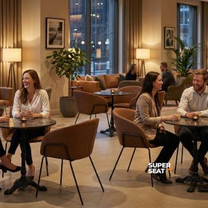 Super-Seat |Salon moderne| Tables et chaises en fonte noire, salon chaleureux, bois et métal, grandes fenêtres et étagères. | Mobilier de restauration