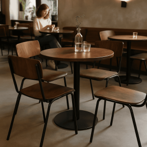 Super-Seat | Bistrotafels | Ronde houten bistrotafel met zwarte metalen poten, drie stoelen, glazen fles and vrouw op achtergrond. | Horecameubilair