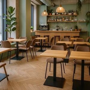 Super-Seat | Moderne bistro interieur | Stoelen, tafels, barkrukken in hout and zwart metaal, groene muren en glazen bar, planten, grote ramen. | Horecameubilair