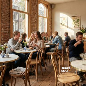 Super-Seat | Design Bistro Table Frames Black | Chaises en bois, tables rondes noires, grandes fenêtres et plantes ornent ce café ensoleillé. | Mobilier de restauration
