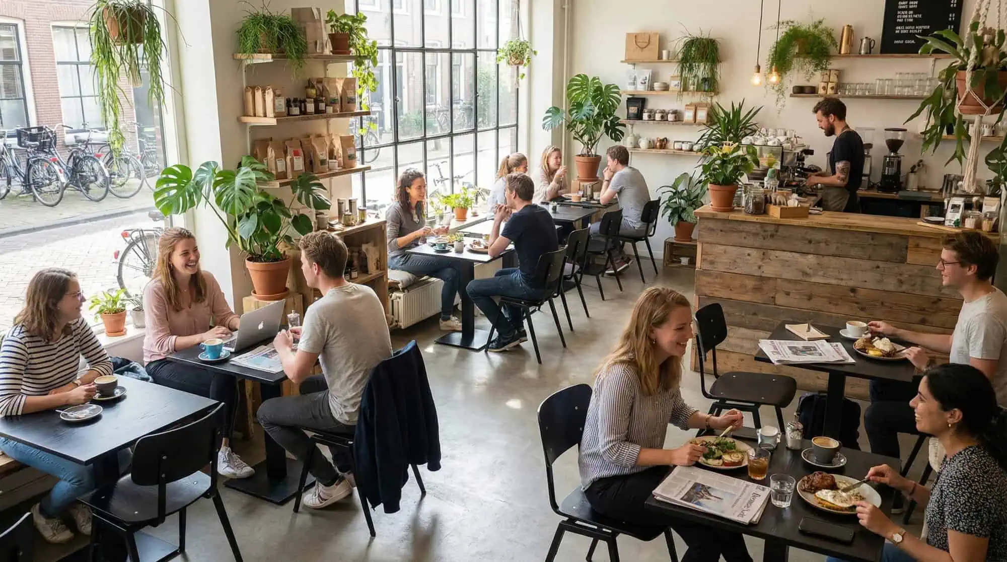 Super-Seat | Vous allez rencontrer des chaises, des tables, des tabourets de bar, des tables de pique-nique et d'autres types de tables et de chaises. | Tables en bois et chaises d'école Rietveld en acier noir dans un espace café lumineux avec de grandes fenêtres et des plantes vertes. | Mobilier de restauration