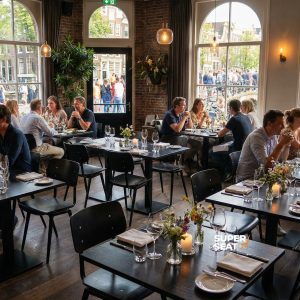 Super-Seat | Chaises d'école industrielle Rietveld noires / noires | Chaises et tables en métal noir avec verres, plantes, beaucoup de lumière, grandes fenêtres. | Mobilier de restauration