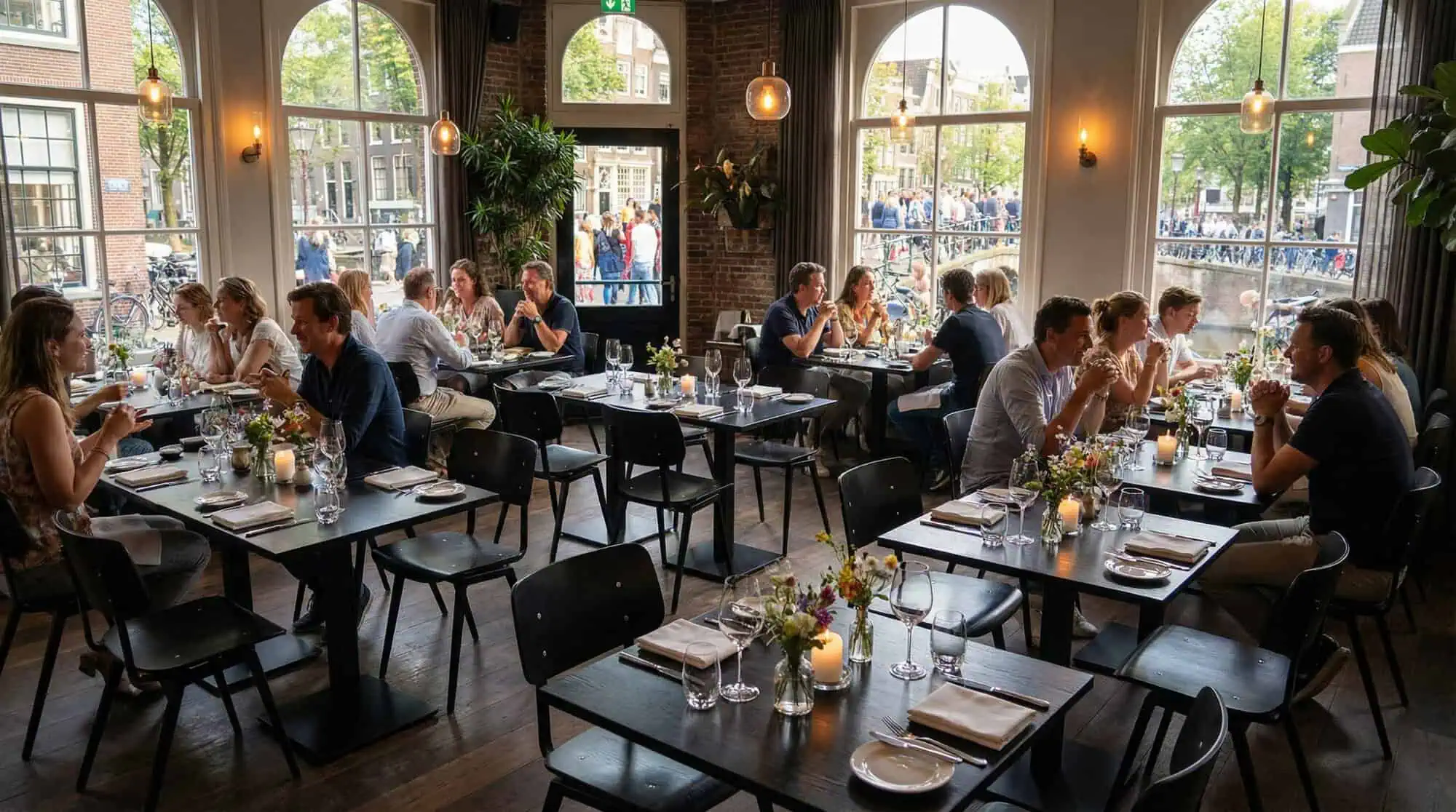 Super-Seat | Chaises d'école industrielle Rietveld noires / noires | Chaises et tables en métal noir avec verres, plantes, beaucoup de lumière, grandes fenêtres. | Mobilier de restauration