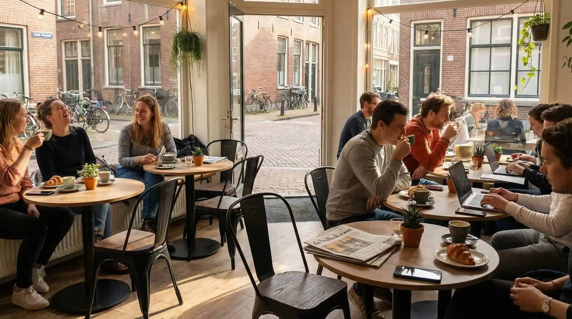 Super-Seat | Lix Chairs Vintage Black Wood | Chaises Lix en bois noir, tables en bois, tabourets de bar et plantes dans un décor chaleureux de café. | Mobilier de restauration