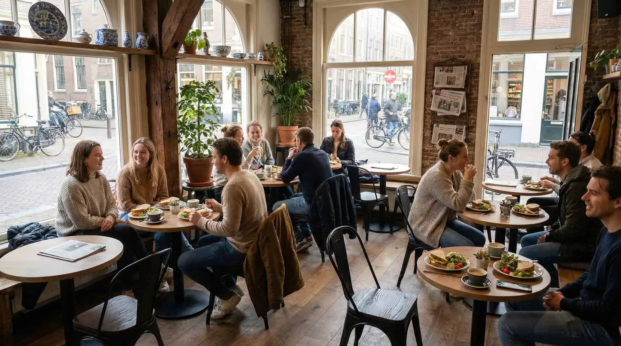 Super-Seat | Chaises Lix vintage mat Black wood | Chaises et tables Lix en bois noir, sol en bois noir, ambiance café lumineuse avec de grandes fenêtres. | Mobilier de restauration