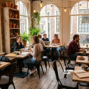 Super-Seat | Chaises Vintage Lix matt Black wood Tables en bois et chaises en métal noir dans un café avec murs en briques, grandes fenêtres, plantes. | Mobilier de restauration