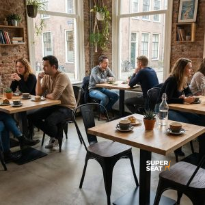 Super-Seat | Tables en bois et chaises Lix noir mat, les gens s'assoient et discutent dans un espace lumineux et moderne. | Mobilier de restauration