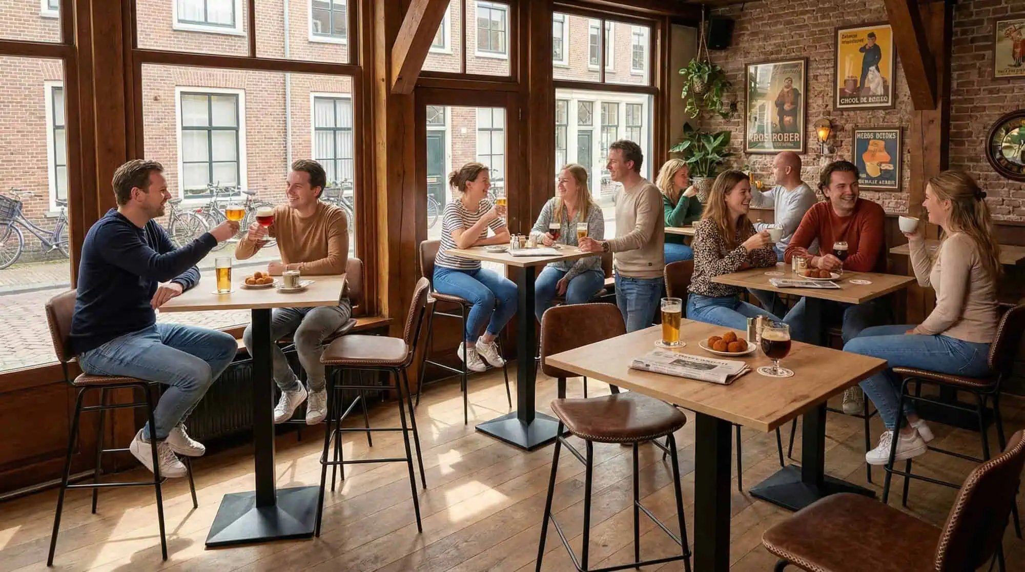 Super-Seat | Tabourets de bar vintage chez Miles Retro | Tables en bois, tabourets de bar cognac en cuir, et bar ensoleillé rempli de chaises et de snacks. | Mobilier de restauration