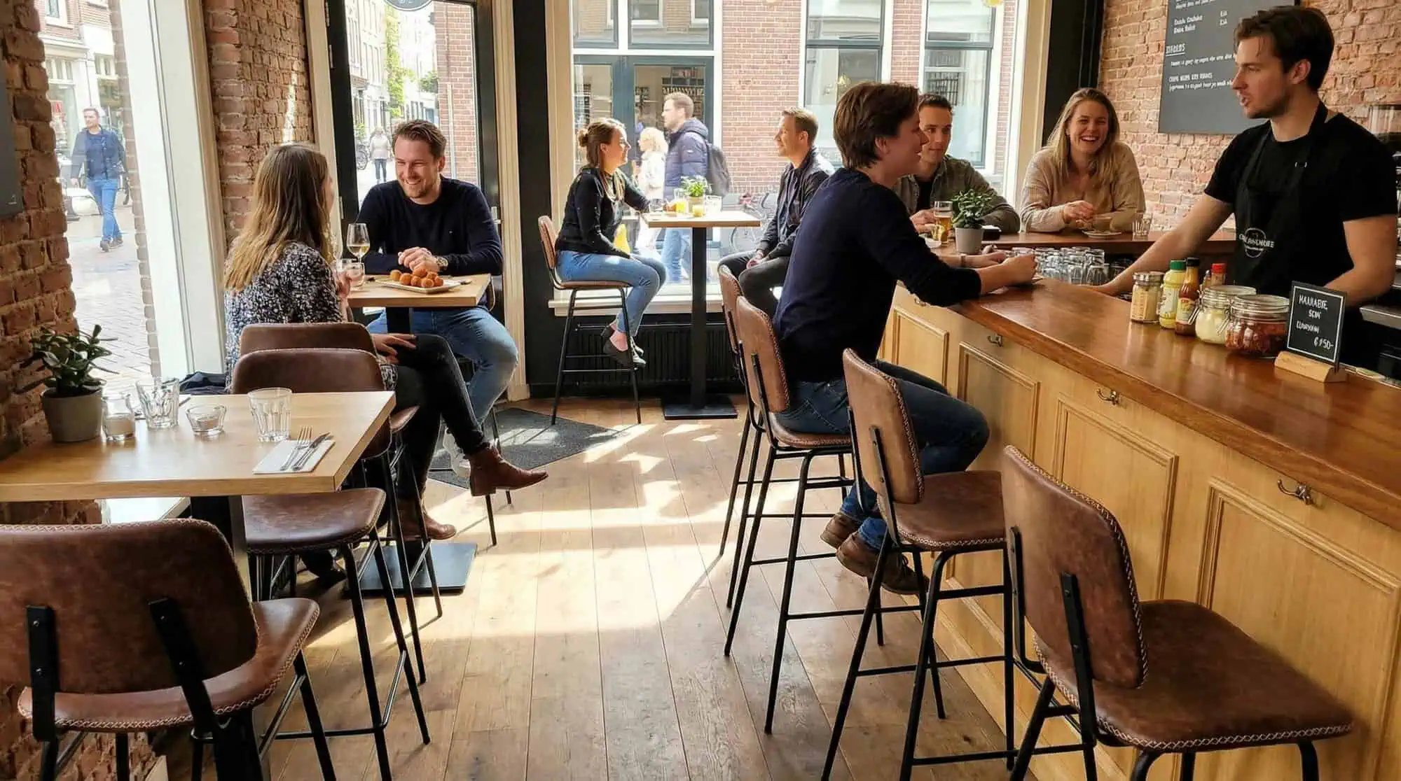 Super-Seat | Tabourets de bar en cuir cognac et métal à des tables en bois dans un café aux murs de briques, très lumineux. | Mobilier de restauration