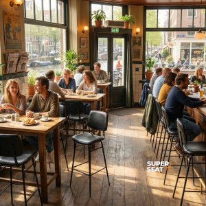 Super-Seat | Zwarte retro metalen barkrukken, houten tafels en stoelen in licht café met veel ramen. | Horecameubilair