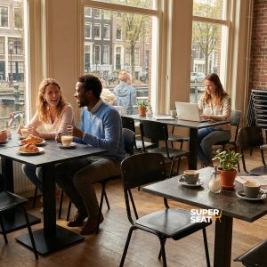 Super-Seat | Cafe Meubilair Overzicht | Zwarte Vanitas vintage schoolstoelen and gestapelde zwarte stoelen rond houten tafels in een licht café. | Horecameubilair
