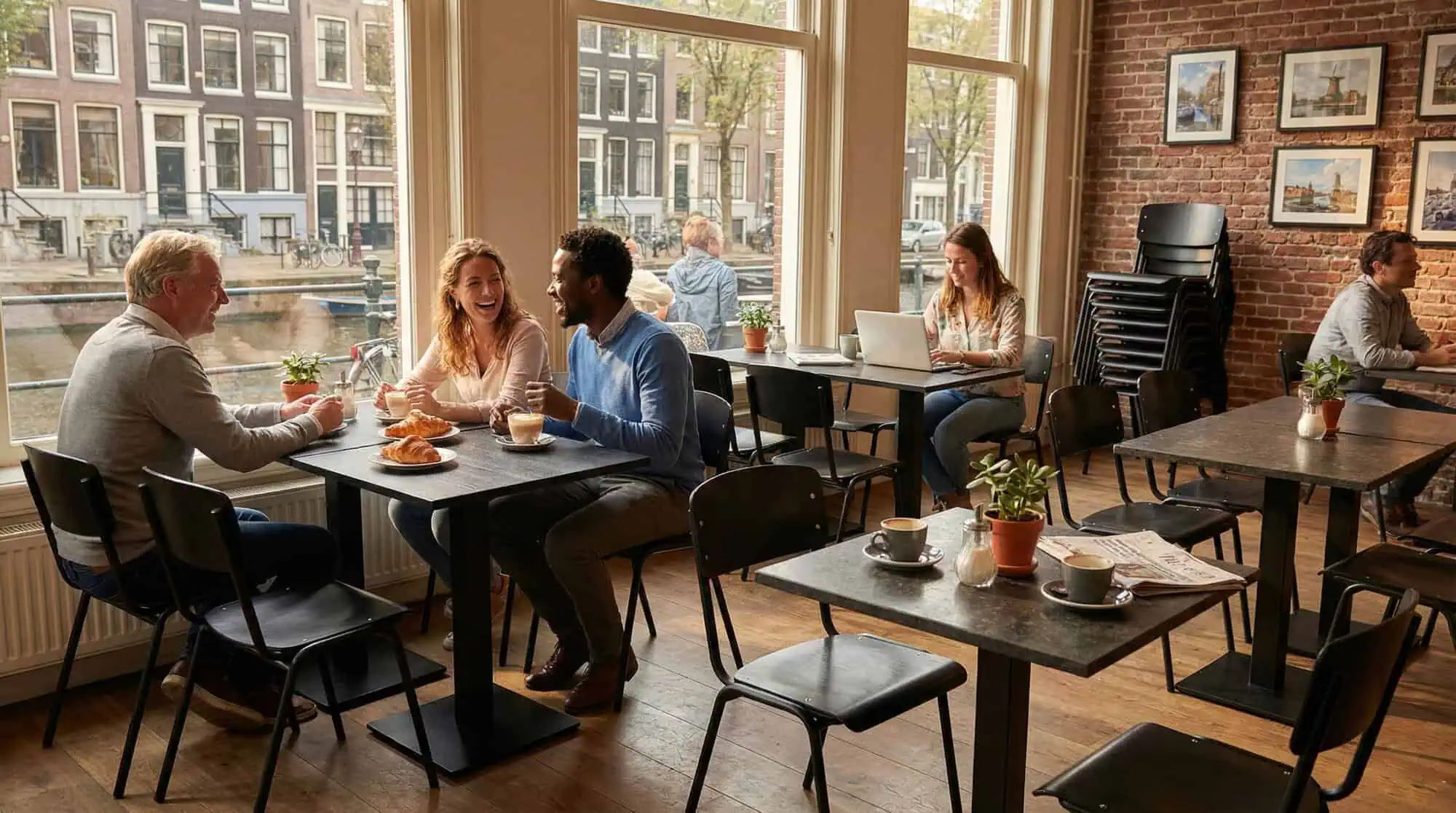 Super-Seat | Cafe Meubilair Overzicht | Zwarte Vanitas vintage schoolstoelen en gestapelde zwarte stoelen rond houten tafels in een licht café. | Horecameubilair