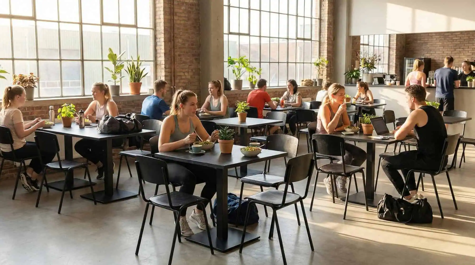Super-Seat | Chaises en acier noir, tables en bois, murs en briques et beaucoup de lumière dans le café. | Mobilier de restauration