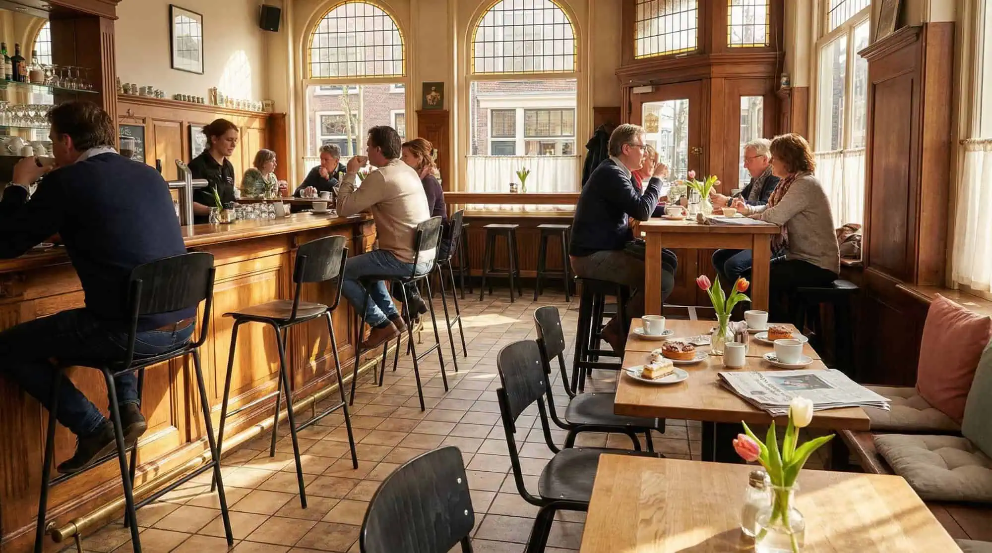 Super-Seat | Café Interieur | Wat je gaat tegenkomen zijn stoelen, tafels, barkrukken, picknick tafels en andere soort tafels en stoelen. Omschrijf zo goed als mogelijk de kleur en materialen. Gebruik niet meer dan 120 karakters. | Houten tafels, zwarte vintage barkrukken Vanitas, houten stoelen; lichte ruimte met tegelvloer en grote ramen. | Horecameubilair