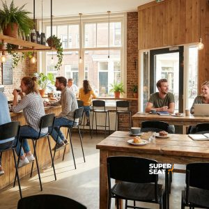 Super-Seat | Mensen | Zwarte Vanitas barkrukken aan houten toonbank, houten tafels & stoelen, veel licht, groene planten, moderne sfeer. | Horecameubilair