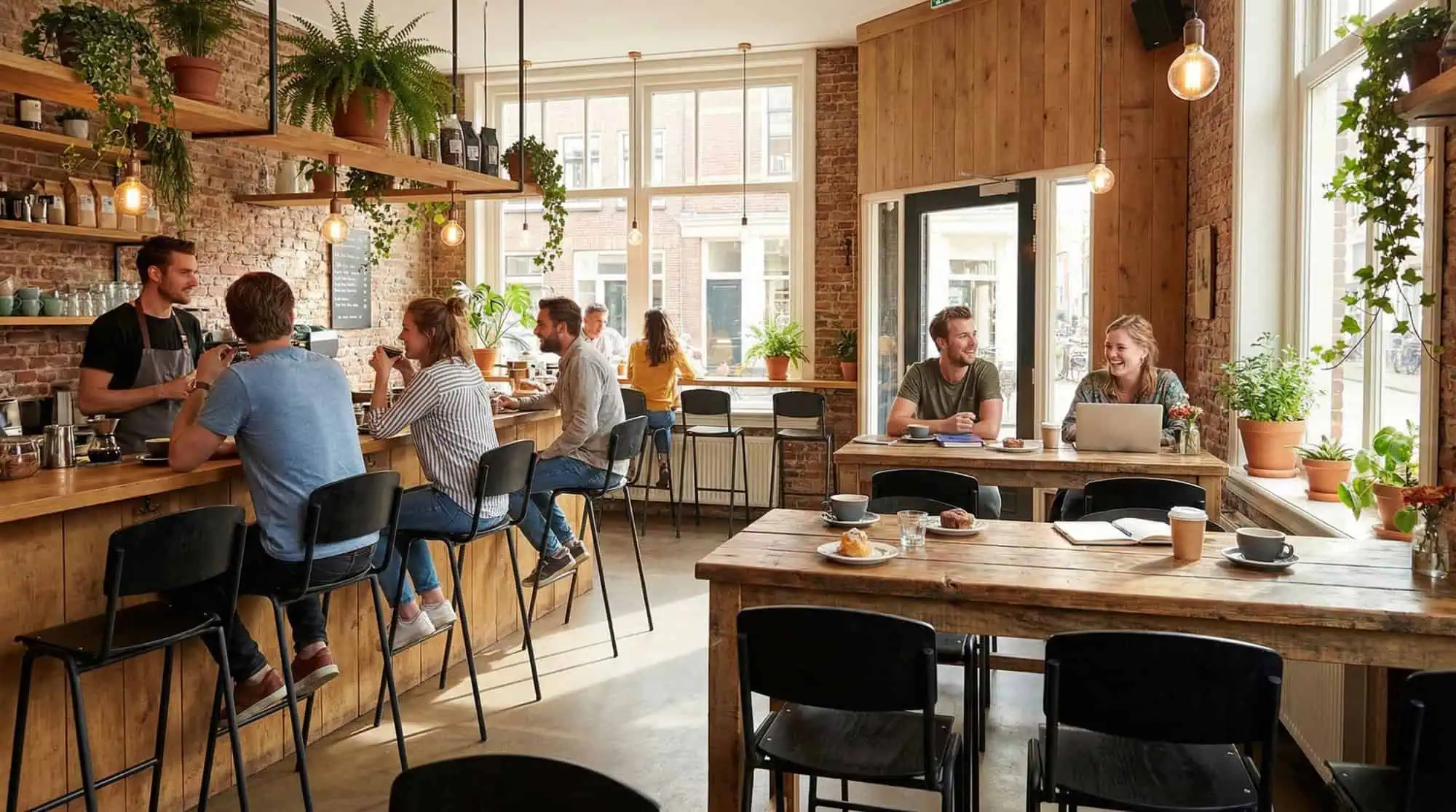 Super-Seat | Mensen | Zwarte Vanitas barkrukken aan houten toonbank, houten tafels & stoelen, veel licht, groene planten, moderne sfeer. | Horecameubilair