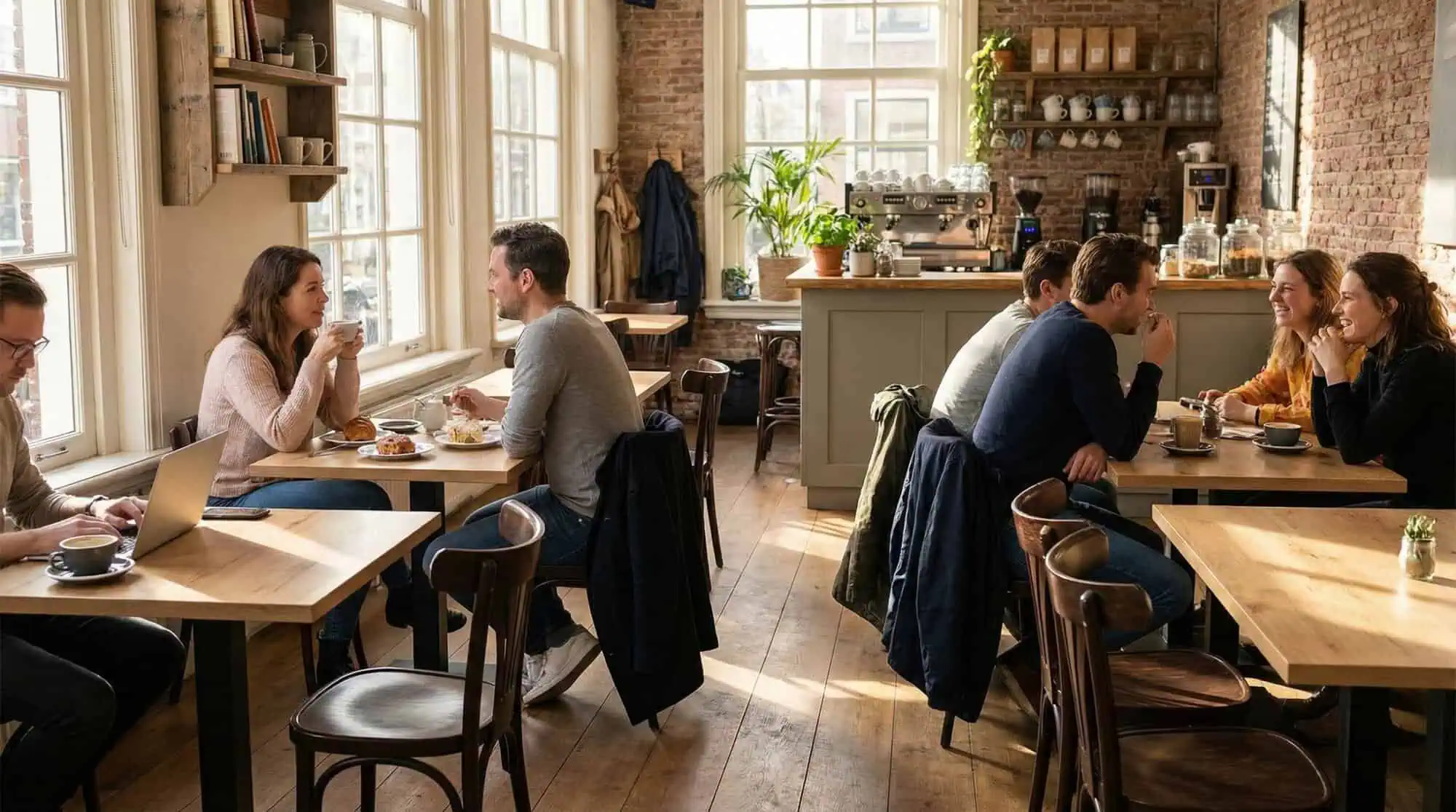 Super-Seat | Donkerbruine houten stoelen and tafels in zonovergoten café met bakstenen muren and planten. | Horecameubilair
