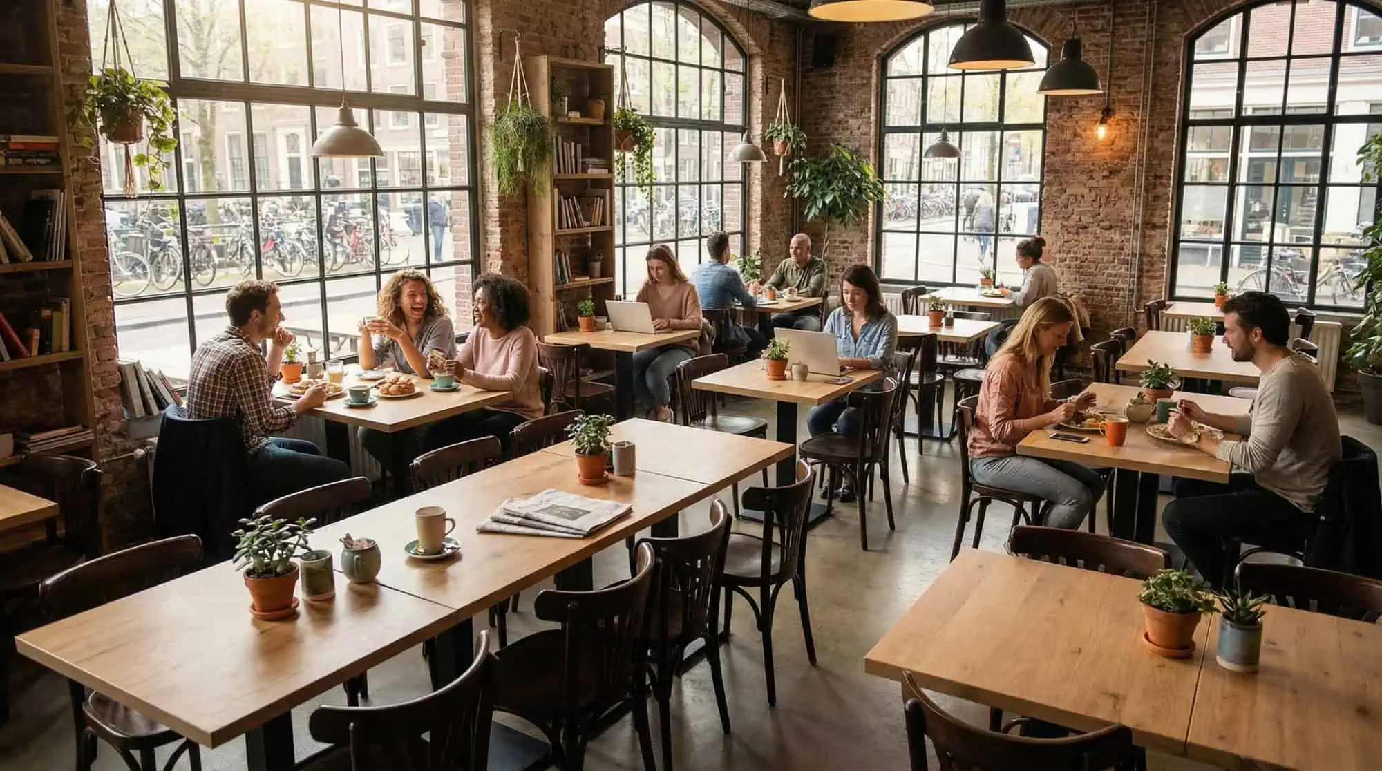 Super-Seat | Tables et tabourets en bois d'orge dans un café moderne avec des murs en briques, des plantes et beaucoup de lumière. | Horecameubilair