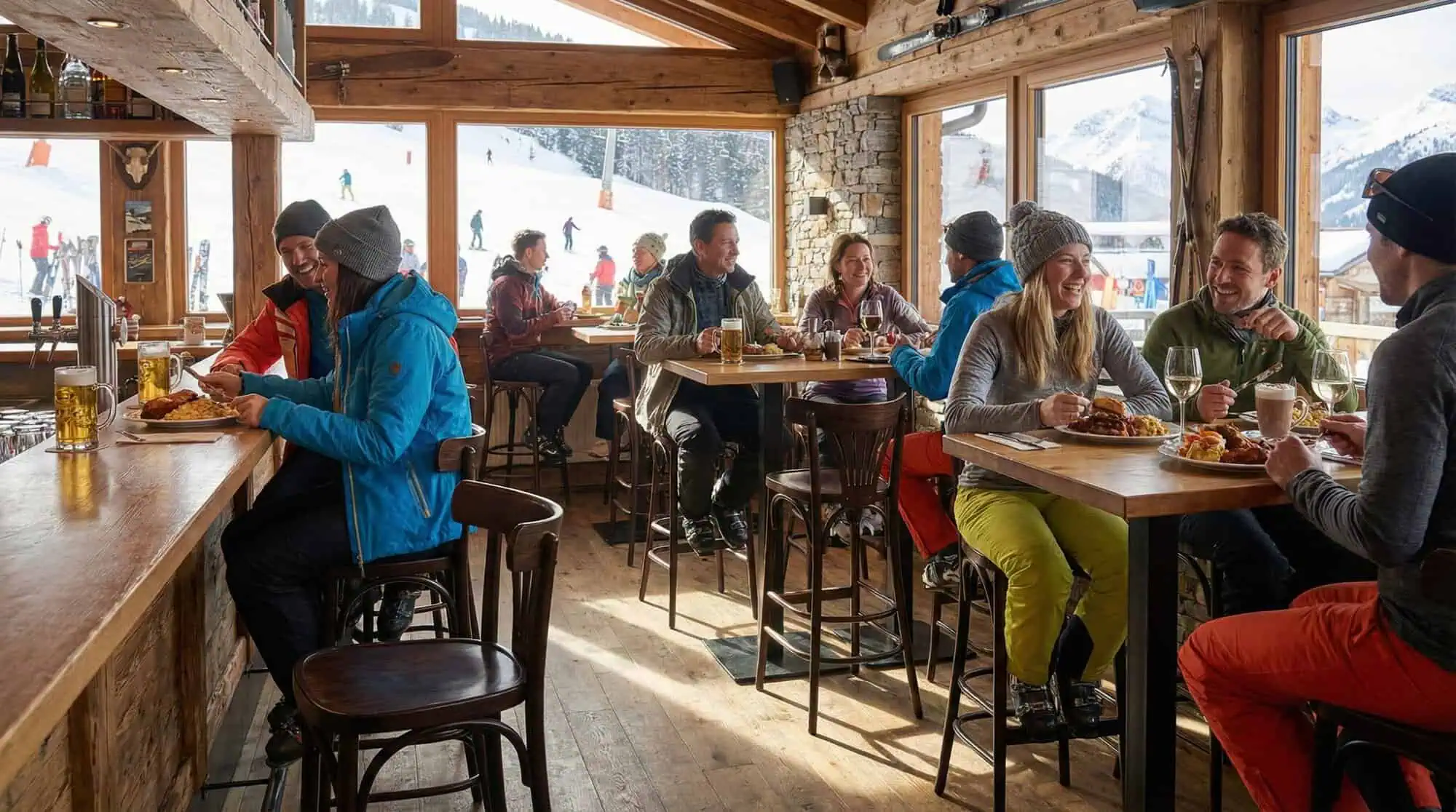Super-Seat | Wat je gaat tegenkomen zijn stoelen, tafels, barkrukken, picnick tafels en andere soort tafels en stoelen. | Houten tafels en donkere Thon barkrukken met waaier-rug in een restaurant bij grote ramen met sneeuw buiten. | Horecameubilair