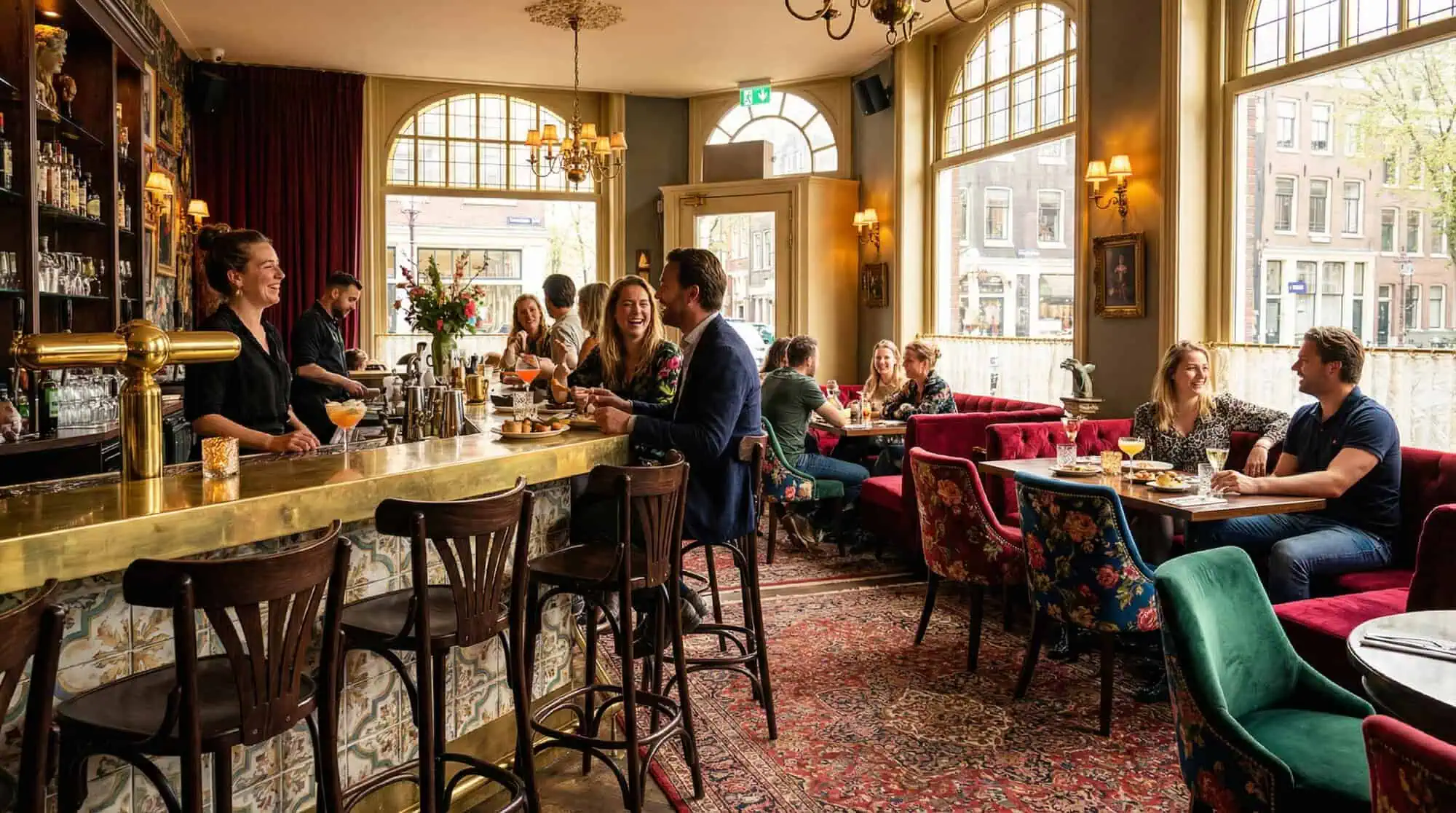 Super-Seat | Pub Interieur | Donkerbruine houten Thon barkrukken, fluwelen stoelen, tafels, grote ramen en patroonkleed in warme sfeer. | Horecameubilair