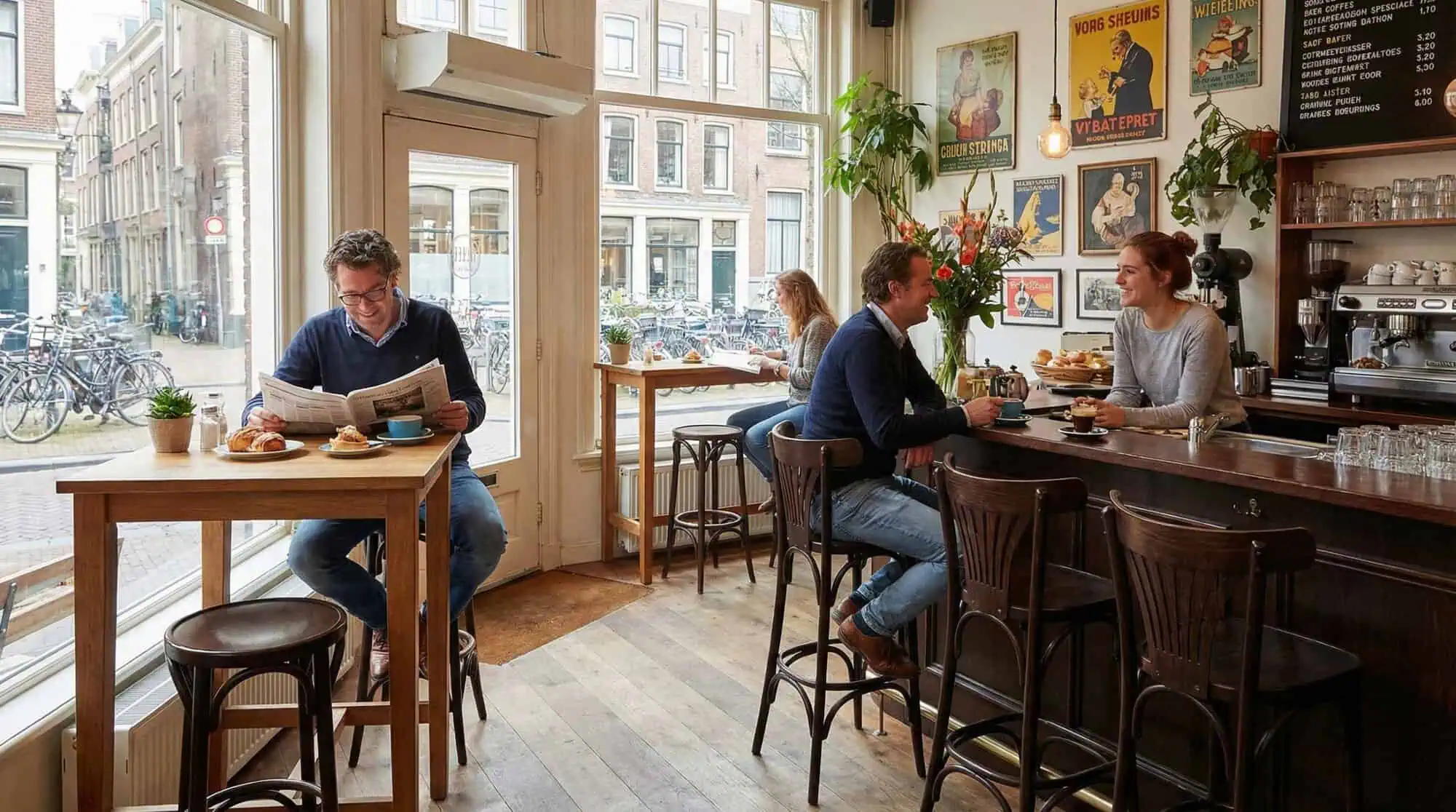 Super-Seat |Thon oud bruine houten barkrukken met waaier vloerkleed, tafels vol koffie en gebak, café sfeer. | Horecameubilair