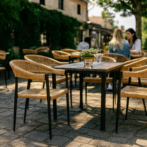 Super-Seat | Prague Chaises de terrasse Chaises en osier blanc avec accoudoirs, tables en bois, terrasse en pierre, lumière du soleil, deux personnes. | Mobilier pour la restauration