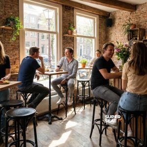 Super-Seat | Tabourets de bar en bois noir, tables et chaises en bois dans un café aux murs de briques et aux grandes fenêtres. | Mobilier de restauration
