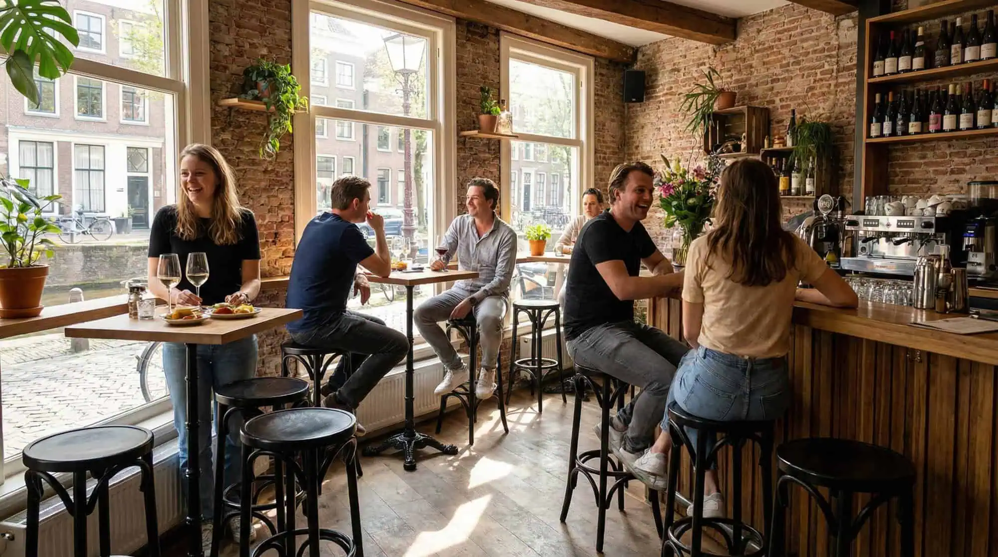 Super-Seat | Tabourets de bar en bois noir, tables et chaises en bois dans un café aux murs de briques et aux grandes fenêtres. | Mobilier de restauration