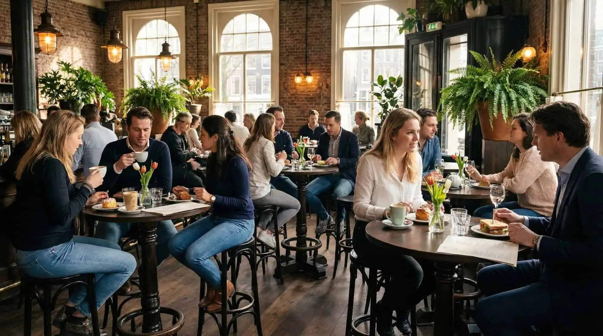 Super-Seat | Les gens s'assoient à de petites tables dans un café. Tabourets de bar en bois Black Thon près du bar, sols en bois, murs en briques, beaucoup de lumière. | Mobilier de restauration