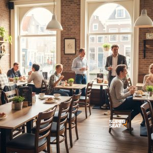 Super-Seat | Fauteuils en bois courbé de Thon en vieux bois brun autour de tables en bois ; mur de briques, fenêtres, plantes, atmosphère détendue |. | Mobilier de restauration