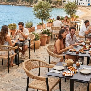 Super-Seat | Chaises de terrasse et tables Chaises empilables en osier avec accoudoirs en plastique gris, avec tables blanches sur la terrasse de la plage. | Mobilier de restauration