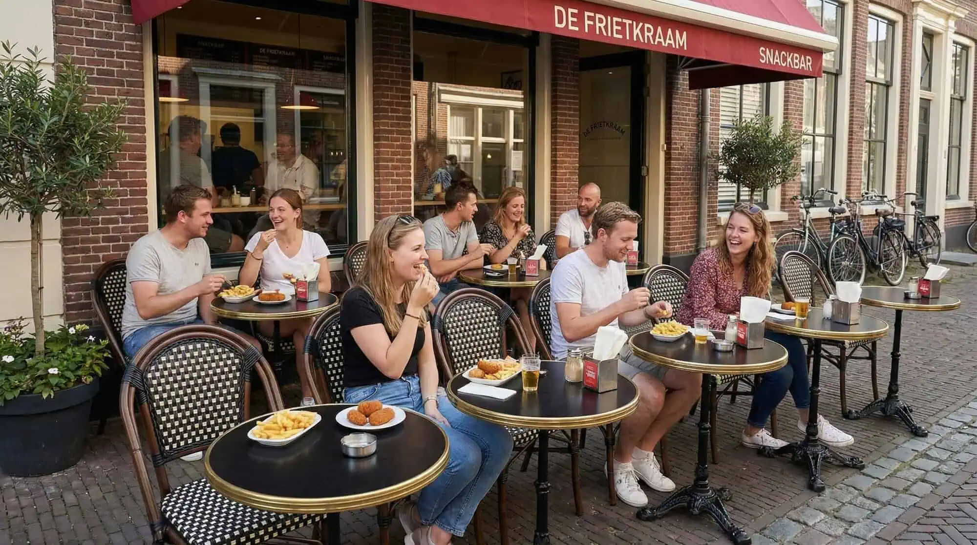 Super-Seat | Chaises et tables empilables en osier noir à l'extérieur, sous un auvent rouge, à côté de vélos, avec nourriture et boissons. | Mobilier de restauration