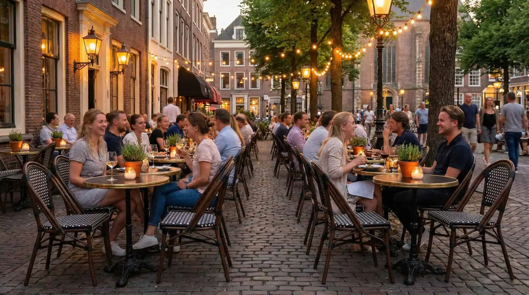 Super-Seat | Café de Paris mobilier d'accueil chaises de terrasse en osier noir et tables en métal dans la rue, entre les arbres et les façades en briques. | Mobilier de restauration
