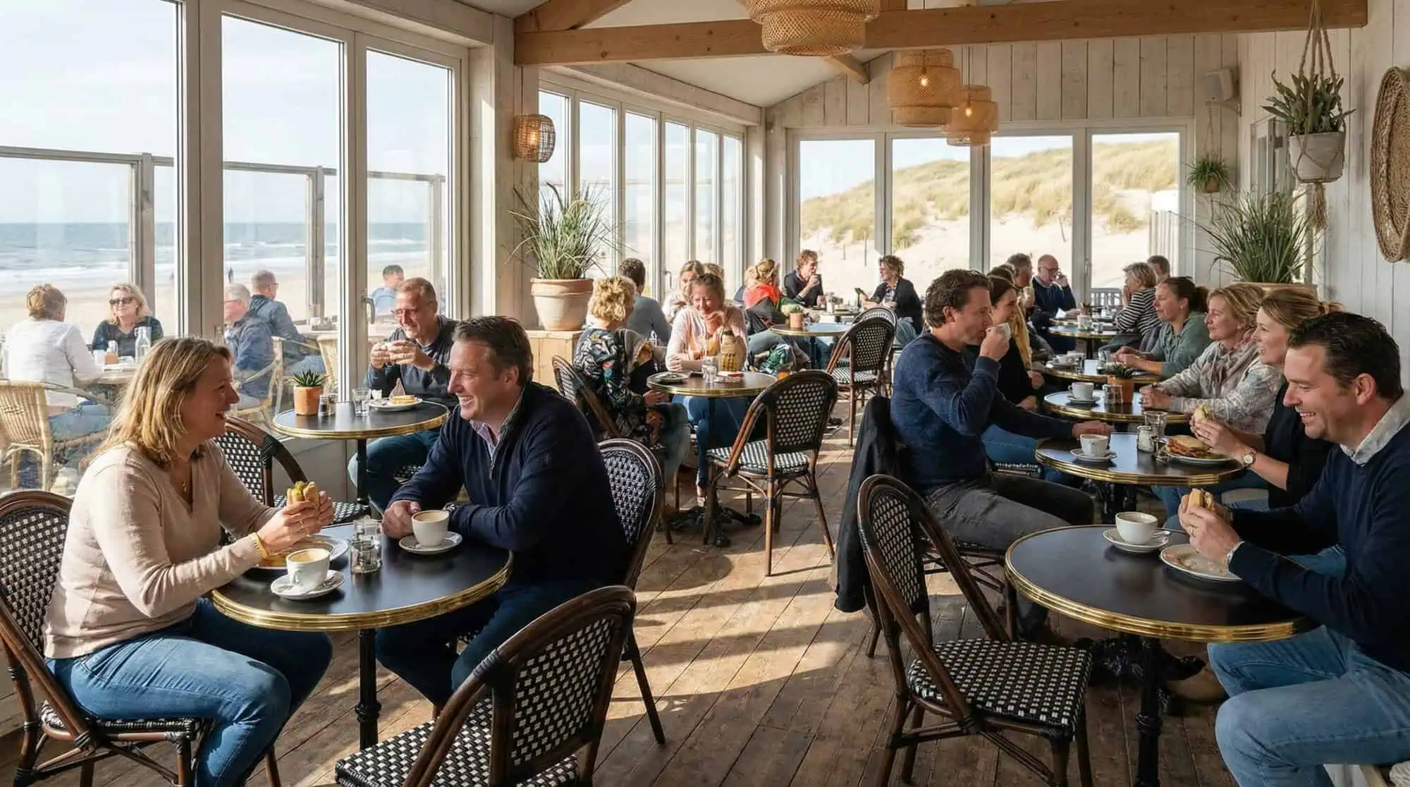 Super-Seat | Café de Paris | Chaises et tables en osier noir, sol en bois, plantes ; vue sur les dunes et la mer. | Mobilier de restauration