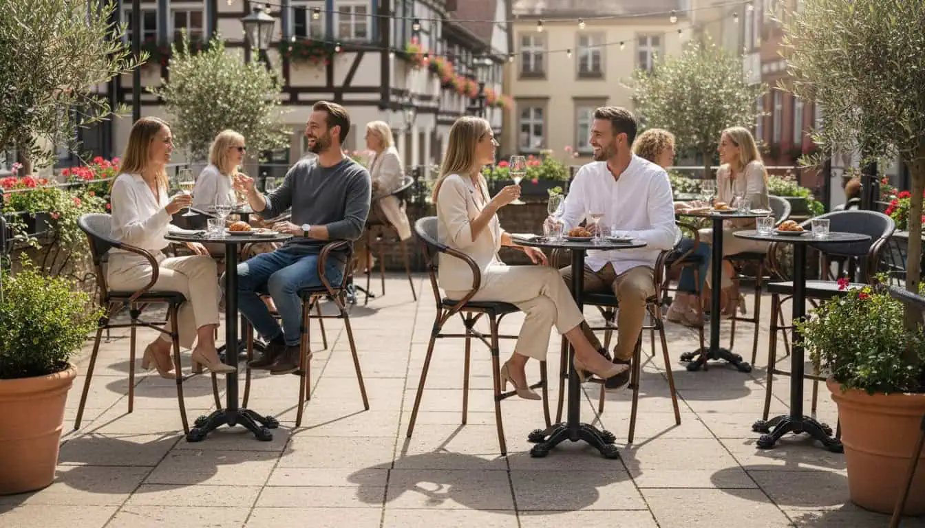 Super-Seat |Tables en bois, chaises en métal, cour ensoleillée avec plantes. | Mobilier de restauration
