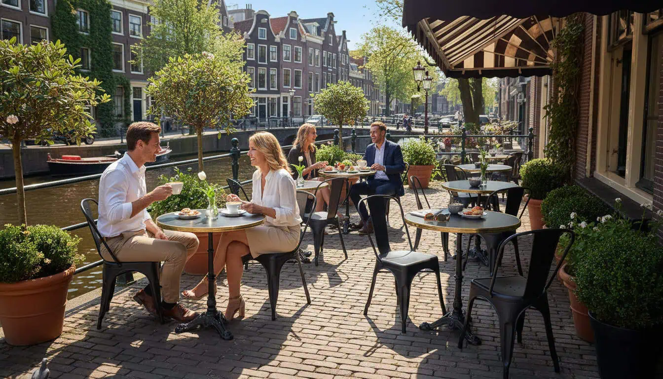 Super-Seat | Wermodin hospitalité (terrasse) plateaux de table or noir 70cm ronds Tables en métal or noir avec chaises, à l'extérieur au bord d'un canal dans une ville ensoleillée. | Mobilier de restauration