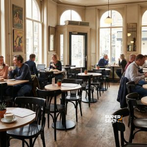 Super-Seat | Chaises Thon en bois noir, tables en bois, grandes fenêtres et plancher en bois chaud dans un café ensoleillé. | Mobilier de restauration